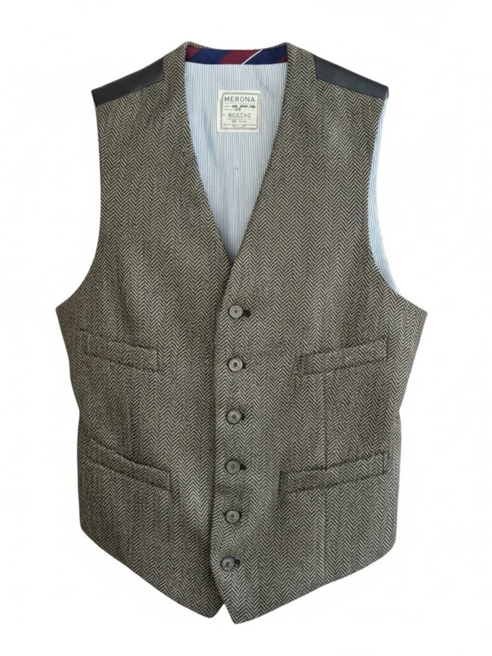 Merona Men's Vintage 80's Brown Herringbone Tweed Wool Vest Waistcoat Size M - Picture 2 of 8